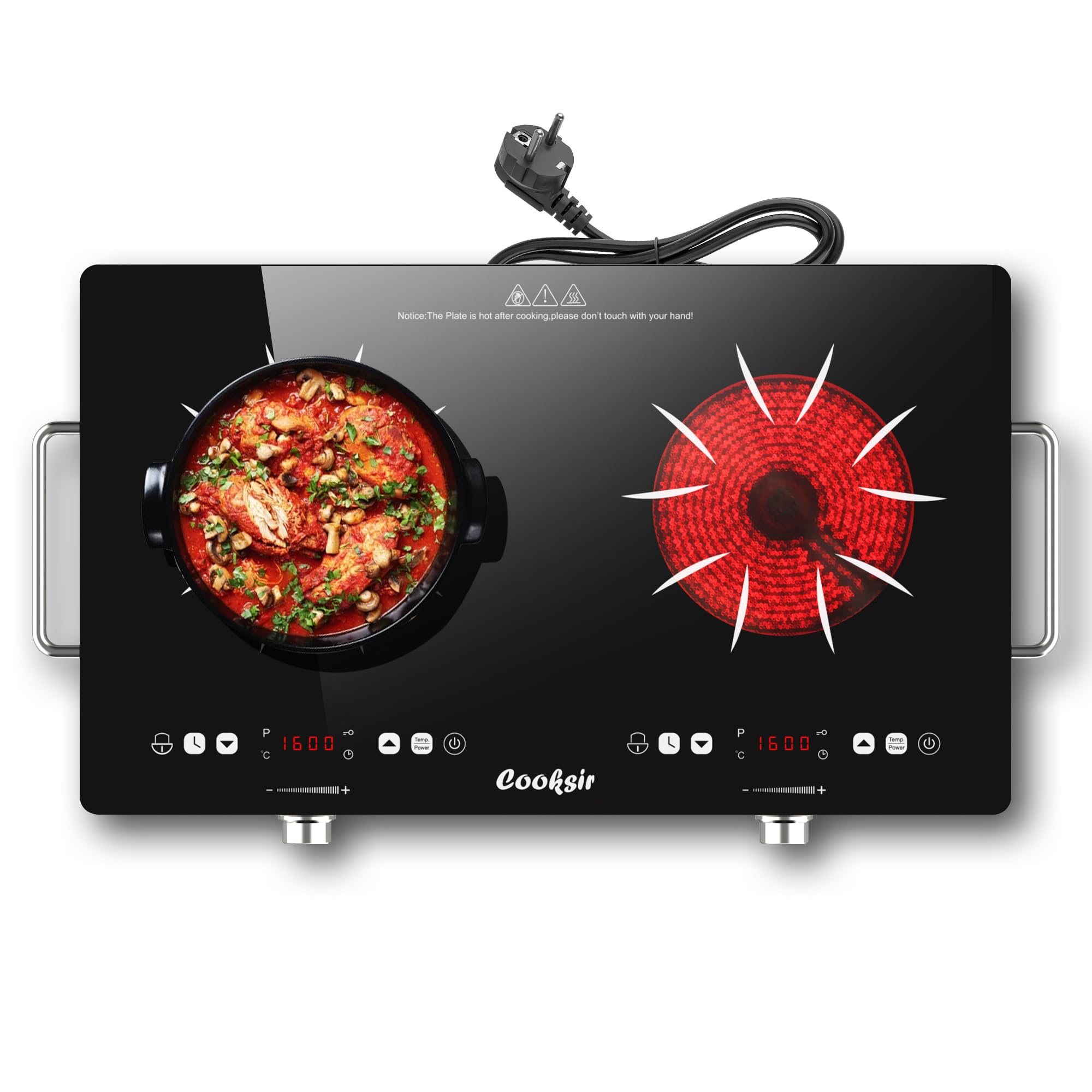 Cooksir Placa Vitroceramica 2 fuegos con enchufe, 3200W, 56cm, portátil, calor infrarrojo,Temporizador, Mando de control