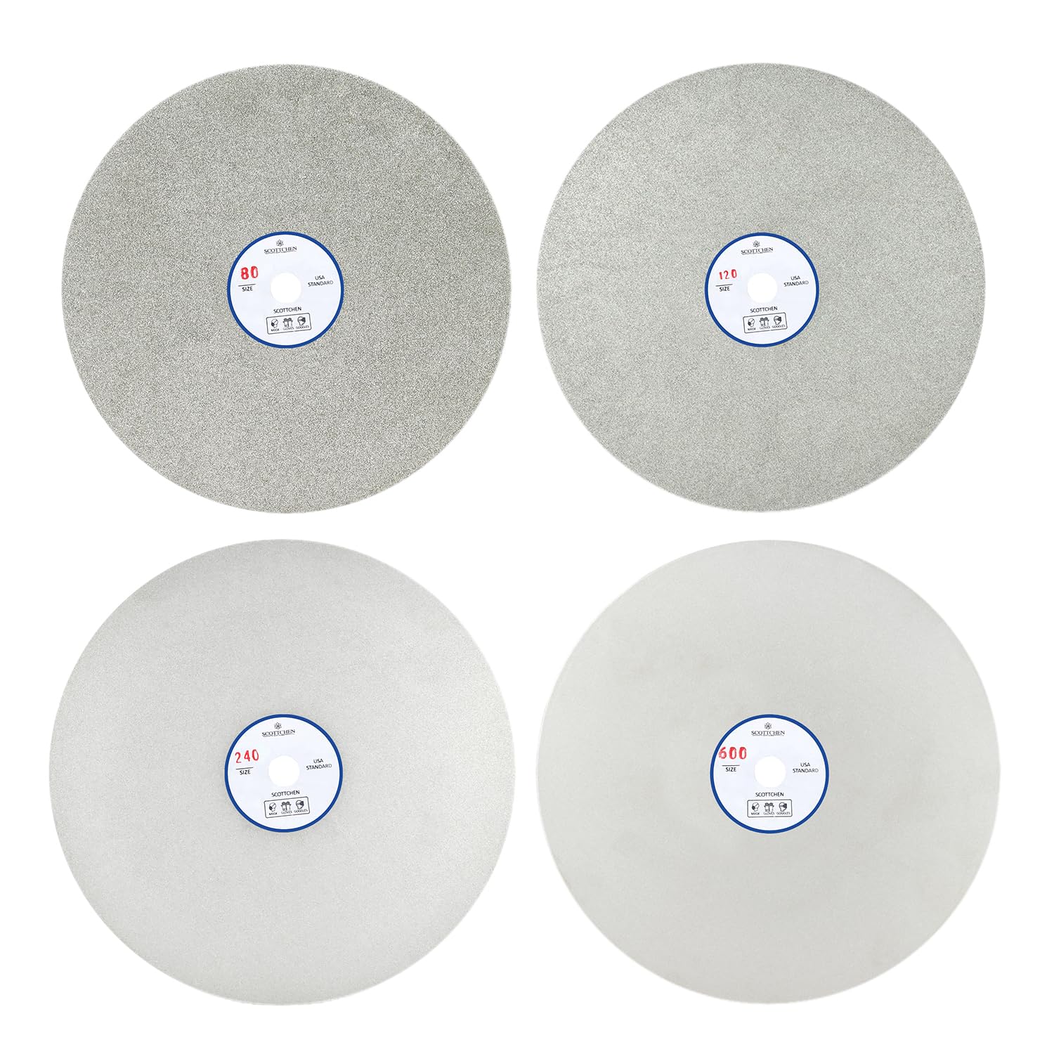 SCOTTCHEN Diamond Flat Lap Wheel 8" x 1/2" Arbor Grinding Sanding Disc Lapping Polishing Disc,80/120/240/600 Grit-4pcs