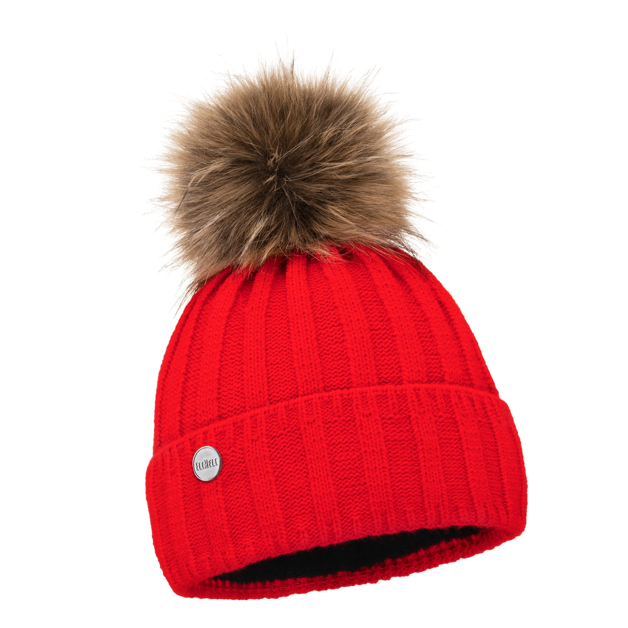 ELIMELI Women's Winter Warm Knitted Wool Hat with Cashmere Winter Hat with Faux Fur Bobble Slouch Knitted Beanie for Winter Bobble Hat Made in EU, red, One Size Fits All