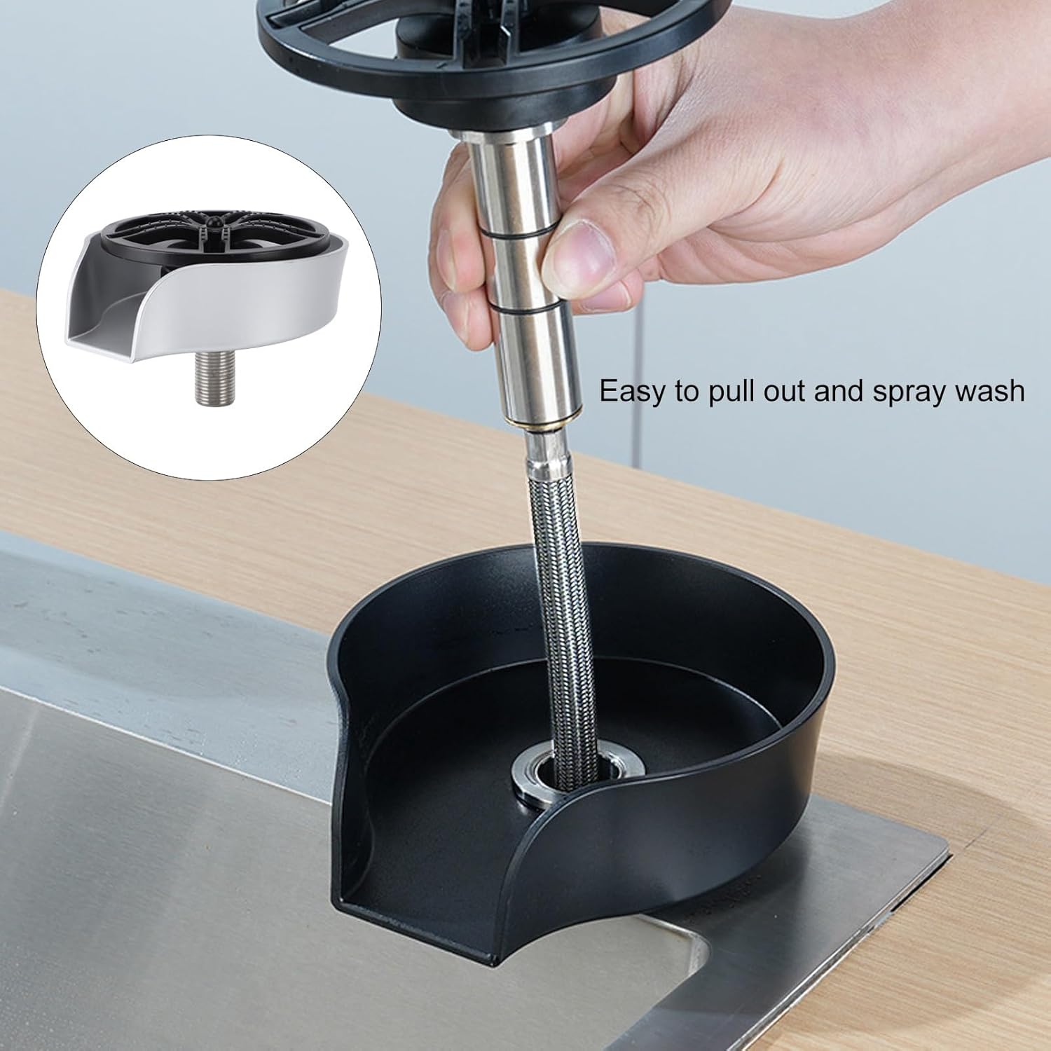 Zerodis Rotating Cup Washer, Pull Out Glass Rinser with Hose, Tee Joint, G1/2 Male Thread, ABS, Stainless Steel, for Kitchen Sink, Teahouse, KTV (Silver ABS Basin US 9/16 Hose)
