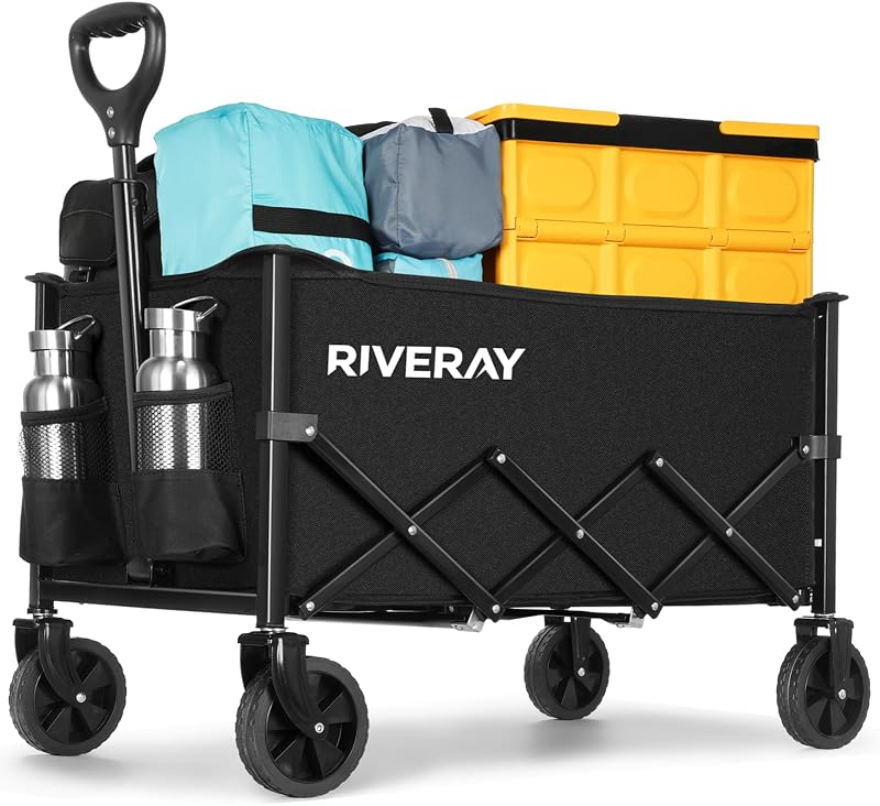 RIVERAY Carro Plegable con Ruedas Grandes, Capacidad 120L/100KG, Mango Ajustable y Ruedas Desmontables, Carrito Plegable Todoterreno para Camping, Jardín o Compra