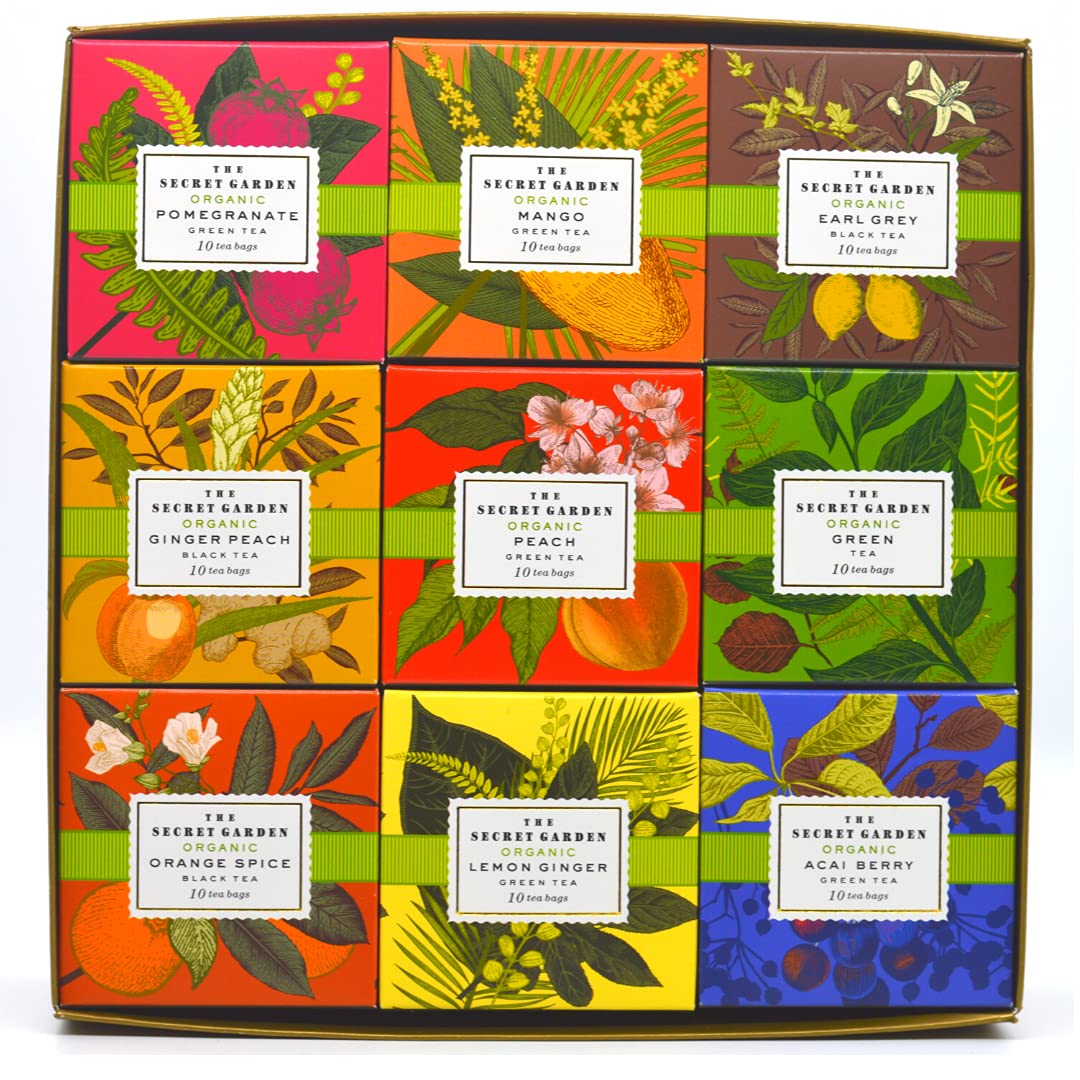 The Secret Garden Organic Tea Collection Green & Black Tea Sampler Pack - 9 Flavors - 90 Count