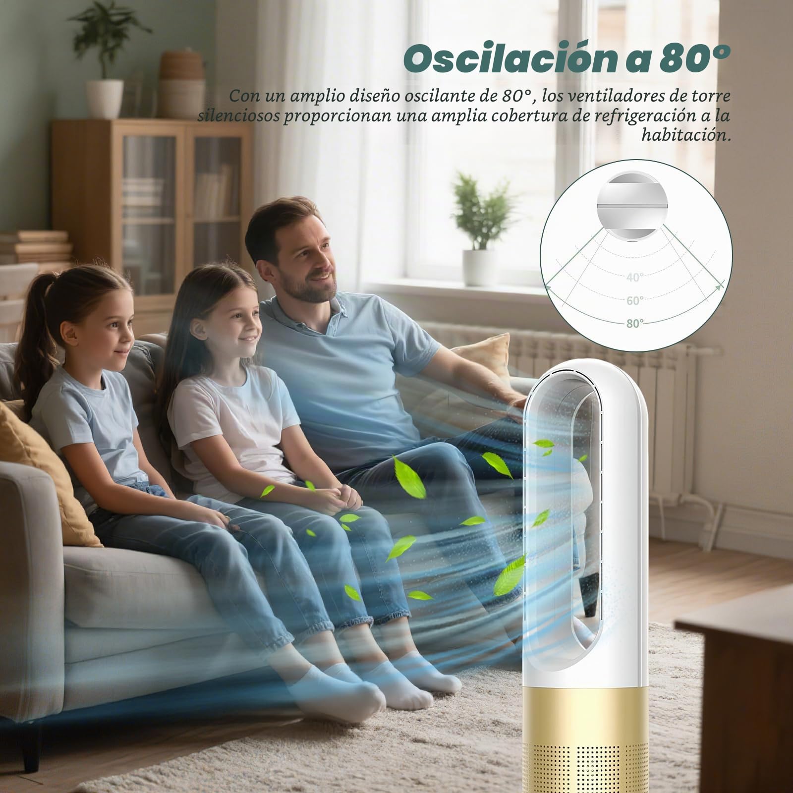 Ventilador de torre silencioso sin aspas – 8 niveles + modo Boost, oscilación de 90°, mando a distancia de 5 m, pantalla táctil LED, funcionamiento silencioso ≤ 50 dB, temporizador 8 h para