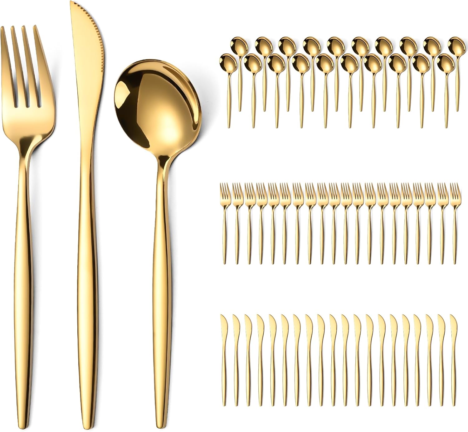 60 Piece Gold Silverware Set for 20, Stainless Steel Flatware Set with Thickened Knives Forks and Spoons, Mirror Finish Cutlery Set for Wedding, Parties, Restauroom, Gold