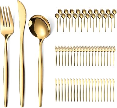 60-Piece Gold Silverware Set for 20, Food Grade Stainless Steel Flatware Set with Thickened Forks Spoons Knives, Mirror Polished Gold Cutlery for Wedding Party Restaurant, Dishwasher Safe