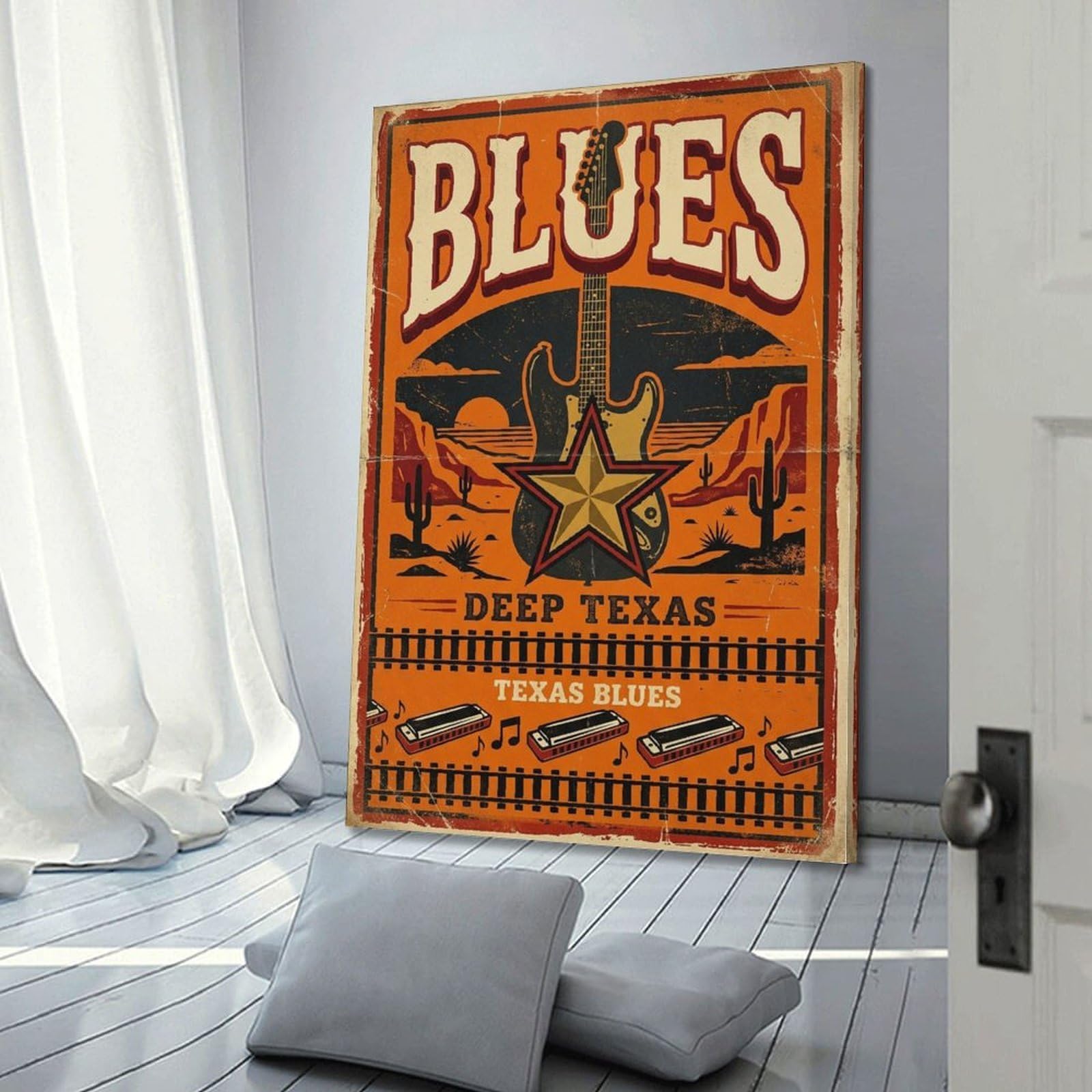 OKNGB Poster decorativo da parete in stile retrò, motivo: chitarra elettrica occidentale Texas Blues, poster decorativo su tela, poster decorativo per camera da letto, 40 x 60 cm