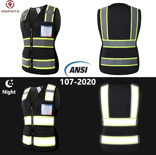 Miniatura 5 de Chaleco de seguridad reflectante de alta visibilidad para hombres y mujeres con bolsillos con cremallera frontal cumple con las normas ANSIISEA