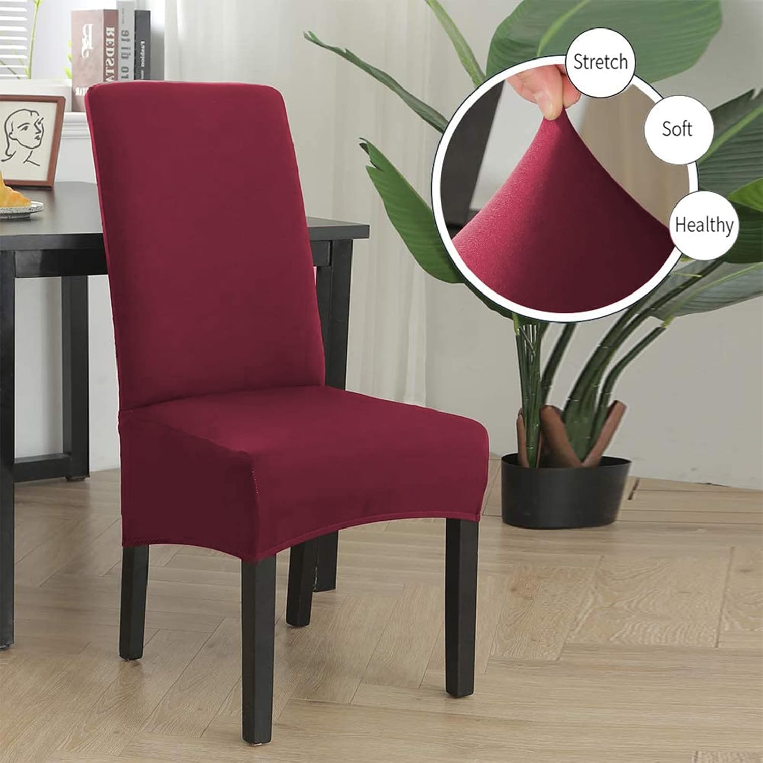 Stretch Large Dining Chair Covers, XL/Oversized Removable Washable Soft Spandex Dining Room Chair Cover Slipcovers for Kitchen Hotel Table Banquet Solid Color (2 Per Set, Burgundy Red)