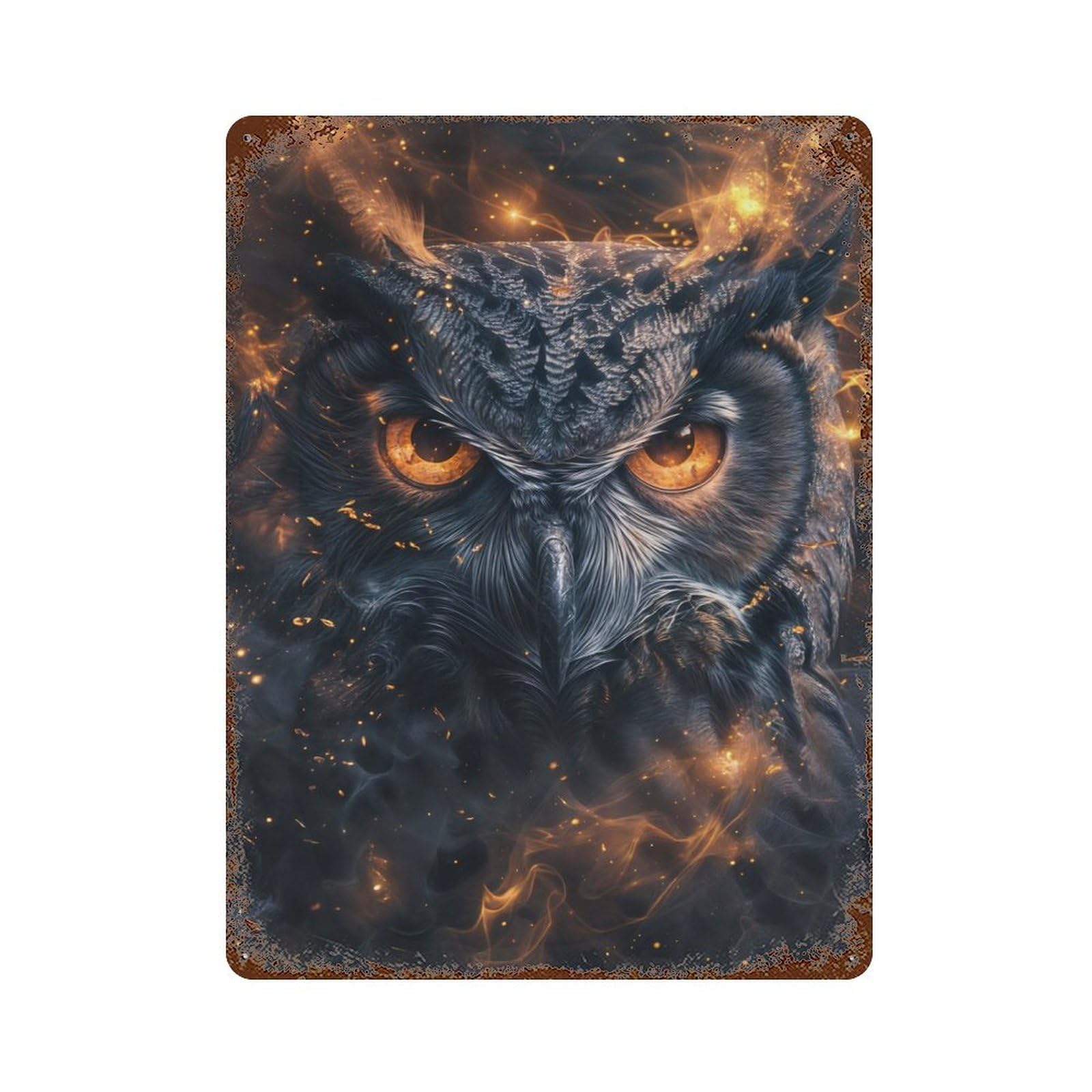 Rust Effect Fiery Gaze of The Owl Rusty Metal Tin Sign 15.7"x11.8", Rustic Home Decor for Living Room, Hallway And Home Decor