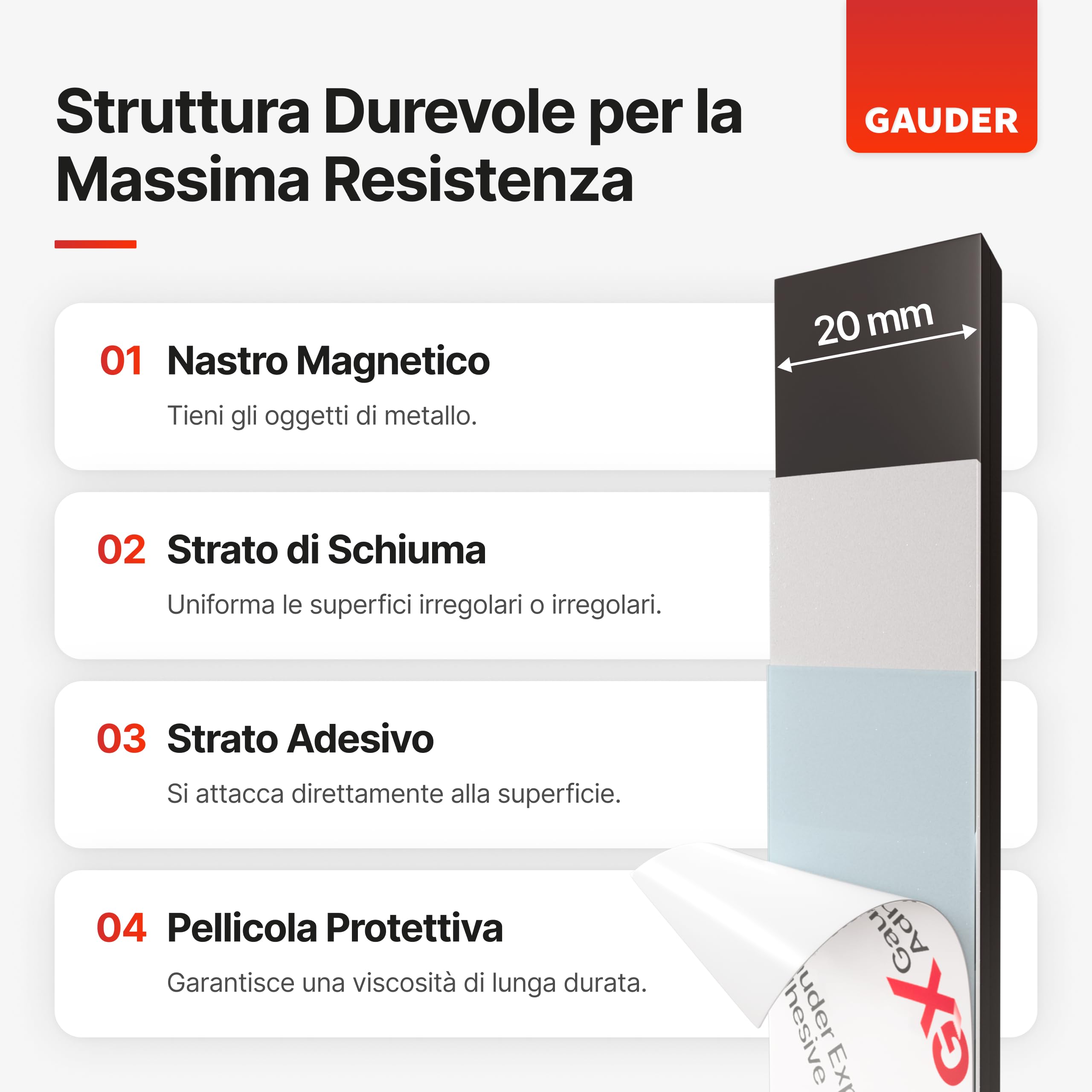 Nastro Magnetico Autoadesivo GAUDER - 3 Metri, Tagliabile | Per Attaccare Oggetti A Superfici Metalliche - Foto 3