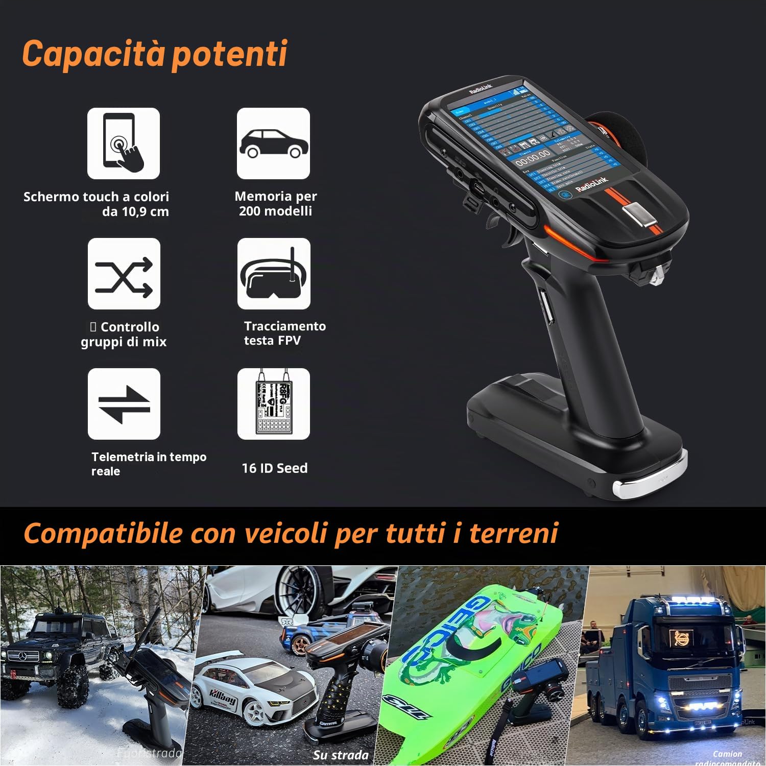 Radiolink RC8X Smart RC telecomando 8 canali con ricevitore giroscopio impermeabile R8FG 4,3" schermo 200 memoria modello RC trasmettitore per crawler escavatore carro armato barca