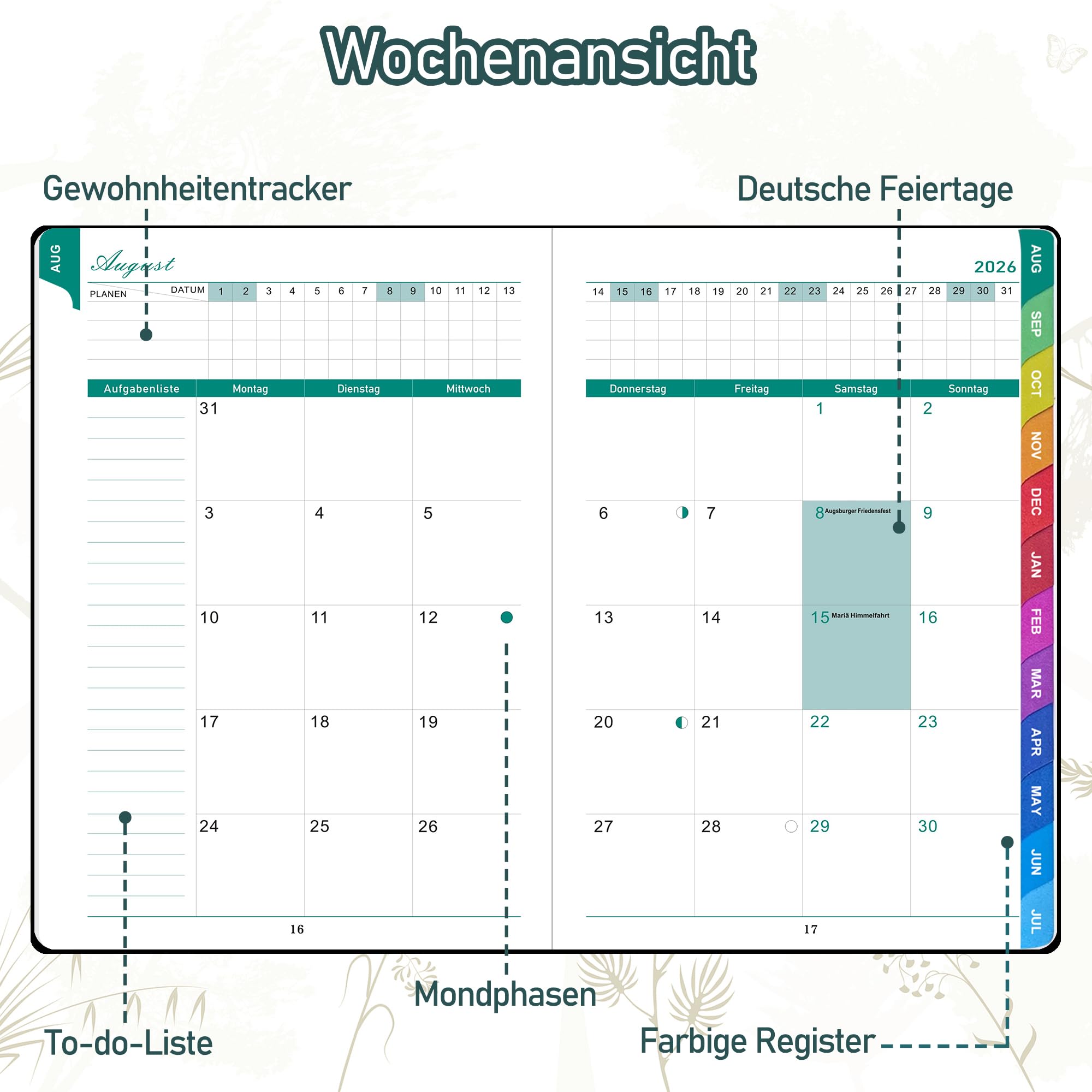 ZXHQ Lehrerkalender 2026–2027 A5+, Lehrerplaner/Wochenplaner für Lehrer und Schule, Hardcover, 208 Seiten, Farbig Gestaltete Innenseiten & Monatsregister, Mit Innentasche, 16,5 x 22 cm, Salbeigrau