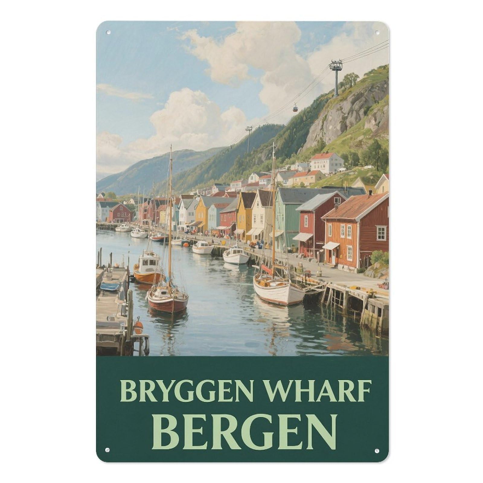 Bryggen Wharf Bergen Retro Design Tin Paintings Vintage Tin Sign 08x12inch(20x30cm) Wall Art for Home Office Bedroom Living Room Cafes Wall Decor