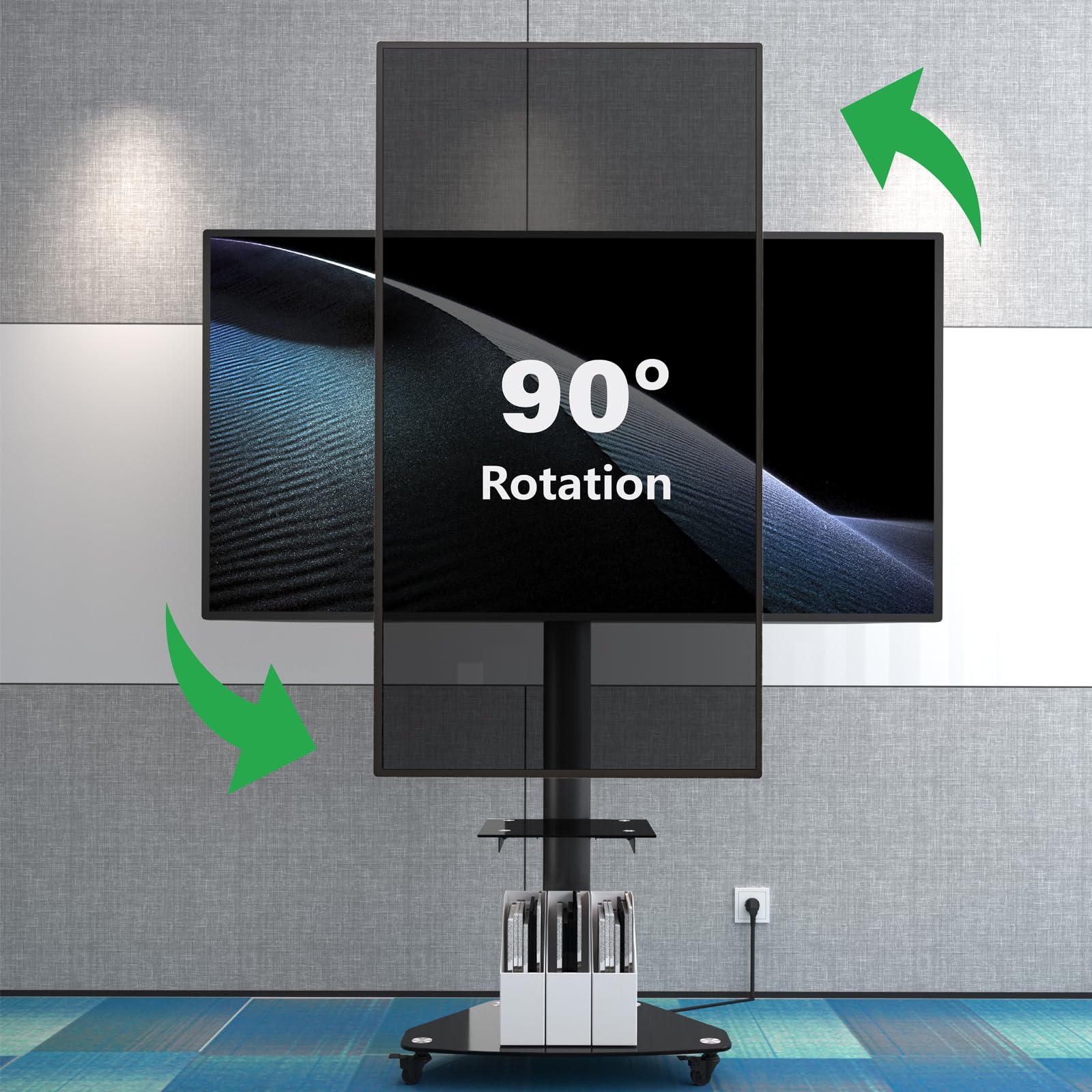 Proton Support TV Mobile sur roulettes avec étagère, Noir, Base en Verre, 209 cm