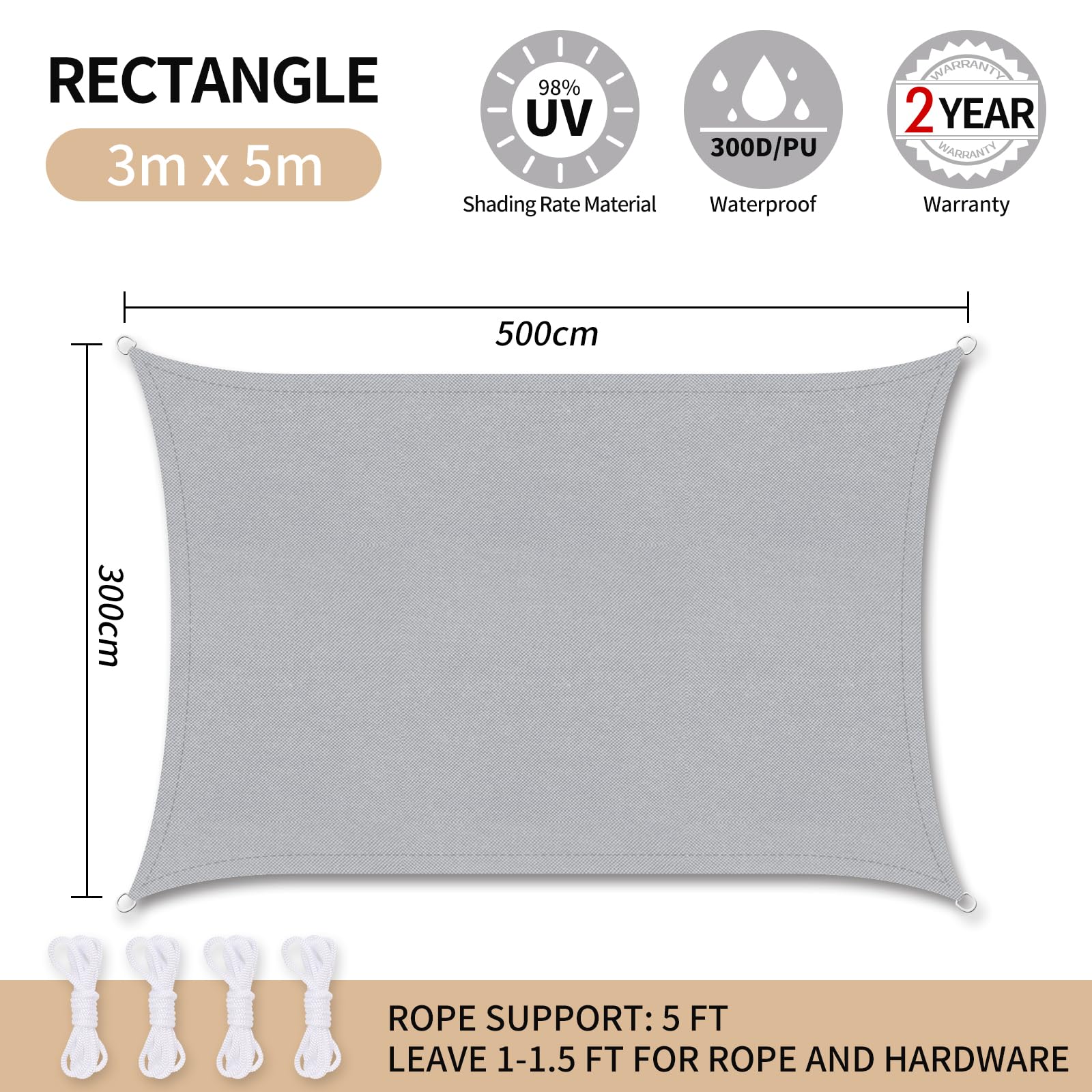 RICHIE Sun Shade Sail Rectangle 3m x 5m Waterproof, 98% UV Block Awnings for Patios with Free Rope Sunscreen Awning Canopy - Image 2