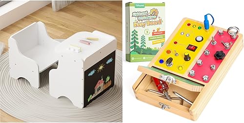 Miniatura 1 de Tilhumt Juego de mesa y silla Montessori de madera con pizarra integrada y tablero de actividades 2 en 1, fácil de limpiar y almacenar mesa para