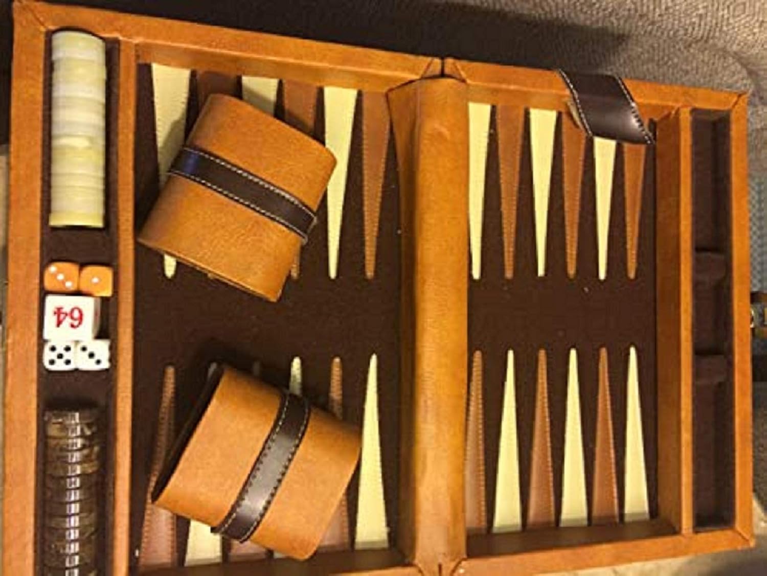 18.12" Backgammon Set in Leatherette Top Handle Case, Brown/Tan
