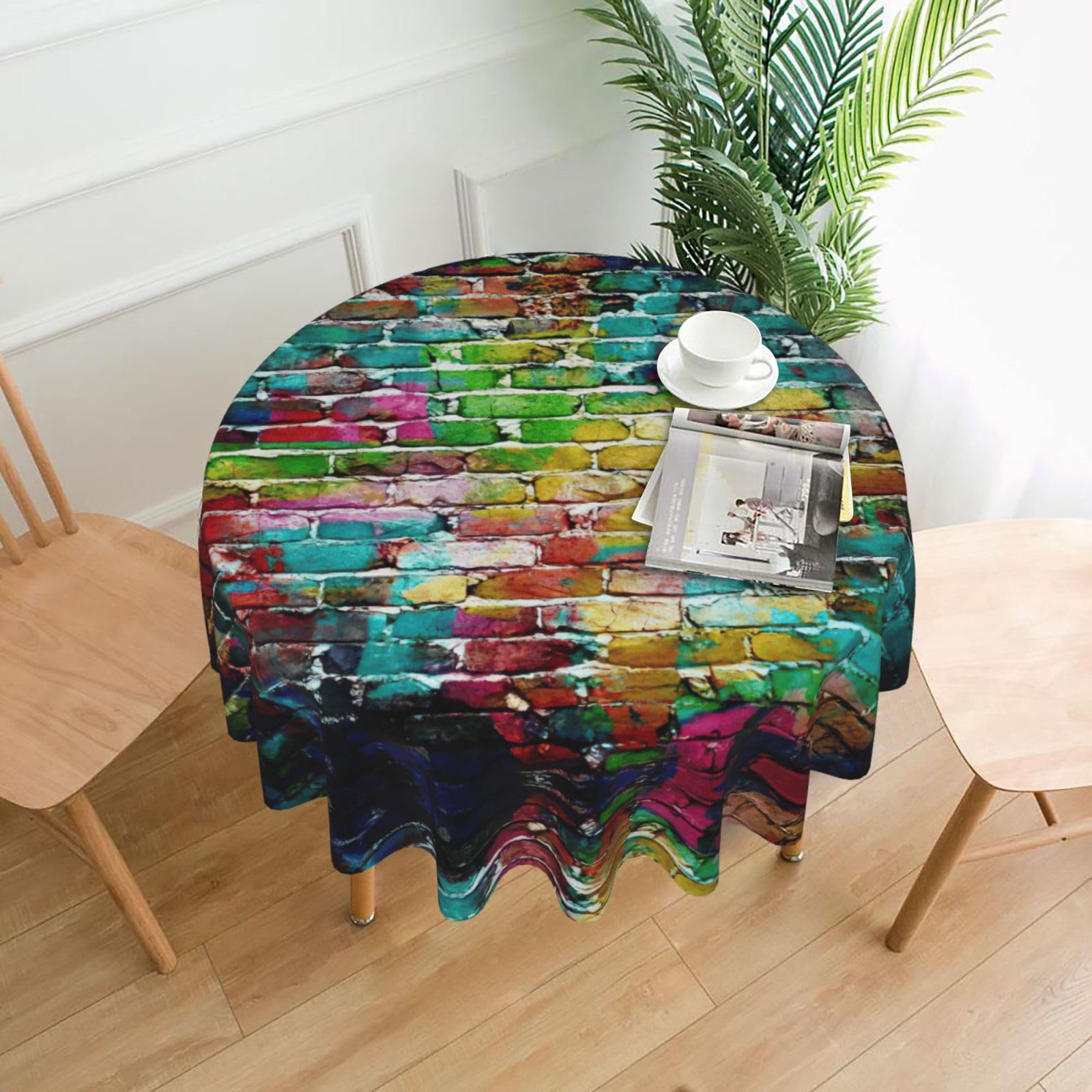 SDEGTHO Graffiti Colorful Brick Print Modern Retro Round Tablecloth 60in Polyester Fabric Cover for Party Dining Table Washable