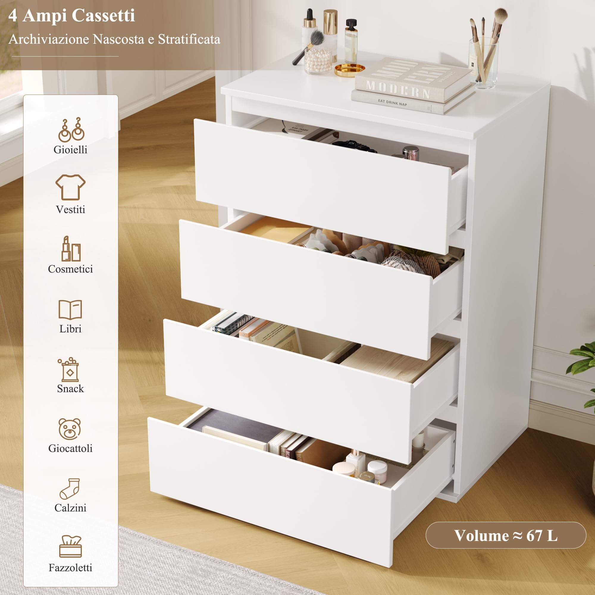 FOREHILL Cassettiera a 4 cassetti,Cassettiera Camera da Letto,Comò e Cassettiere in Legno,Mobiletto con Cassetti per Soggiorno, Camera da Letto, Corridoio, Cucina,60x40x80 cm Bianco