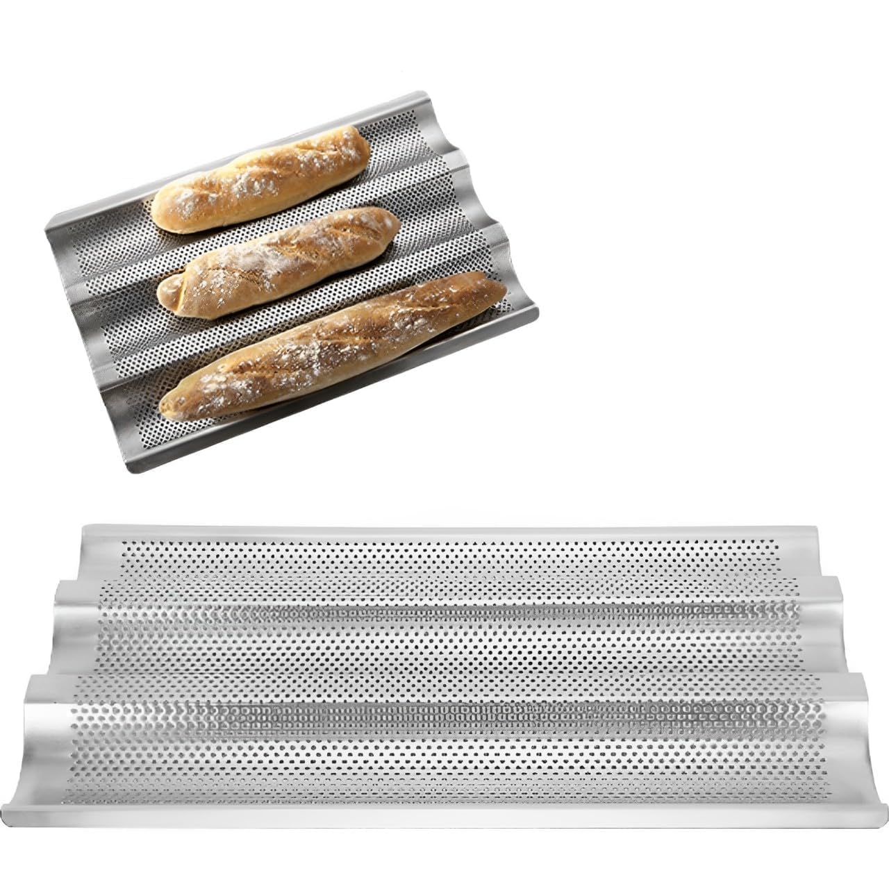 Agatige French Baguette Bread Pan, 3 Grooves Perforated Pans Nonstick Stainless Steel Bread Loaf Bakers Rack Baking Tray Perforated Loaf Pans for Kitchen