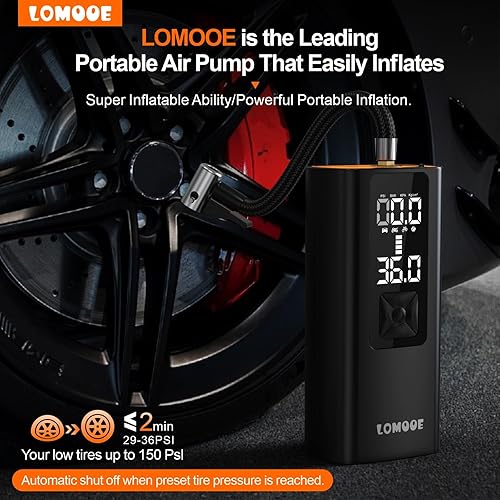 Miniatura 2 de Bomba de aire portátil, inflador de neumáticos de batería grande de 150 Psi y 6000 mAh, compresor de aire portátil, pantalla LCD precisa, inflador