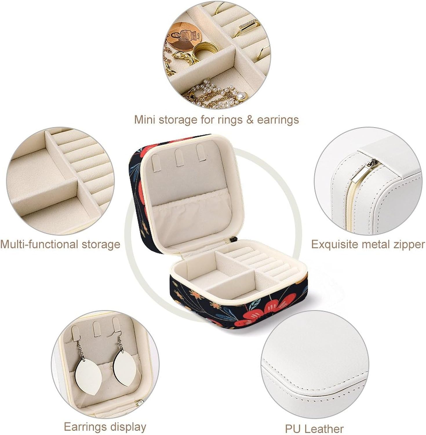 Women's Fashion Jewelry Box, Folk Floral Style Printing To Go Portable Jewelry Box, Personalized Travel Mini Jewelry Organizer,Exquisite Portable Jewelry Box image 3