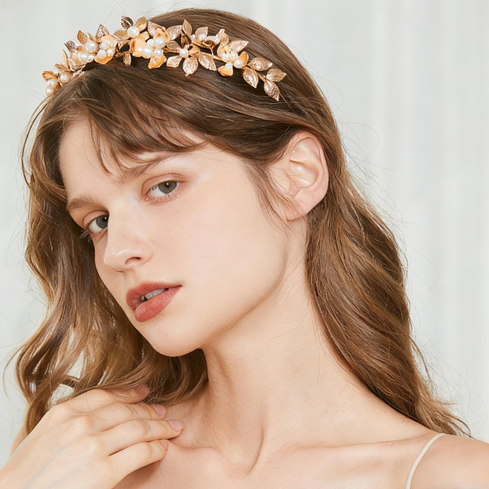 Cerchietto per Capelli da Sposa Fatto A Mano con Fiori per Donne Elegante Accessorio per Capelli da Principessa in Oro E Perle,d'oro