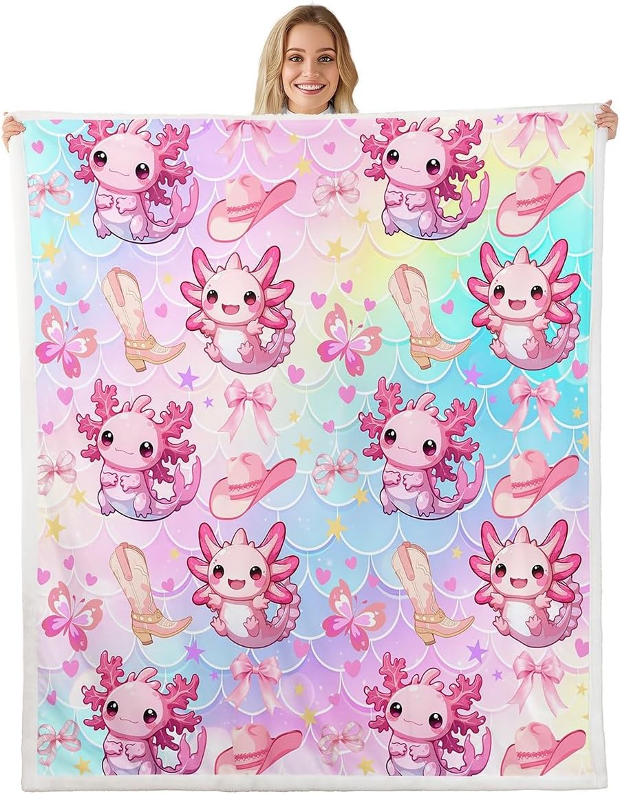 Axolotl Sherpa Blanket for Camping, Blue Ocean Newt Fleece Blanket 60"x80", Cowboy Boots Cowgirl Hat Fuzzy Plush Throw Gradient Pink Bowknot Fish Scale Crib Stroller Decor, Butterfly Girls Room Decor