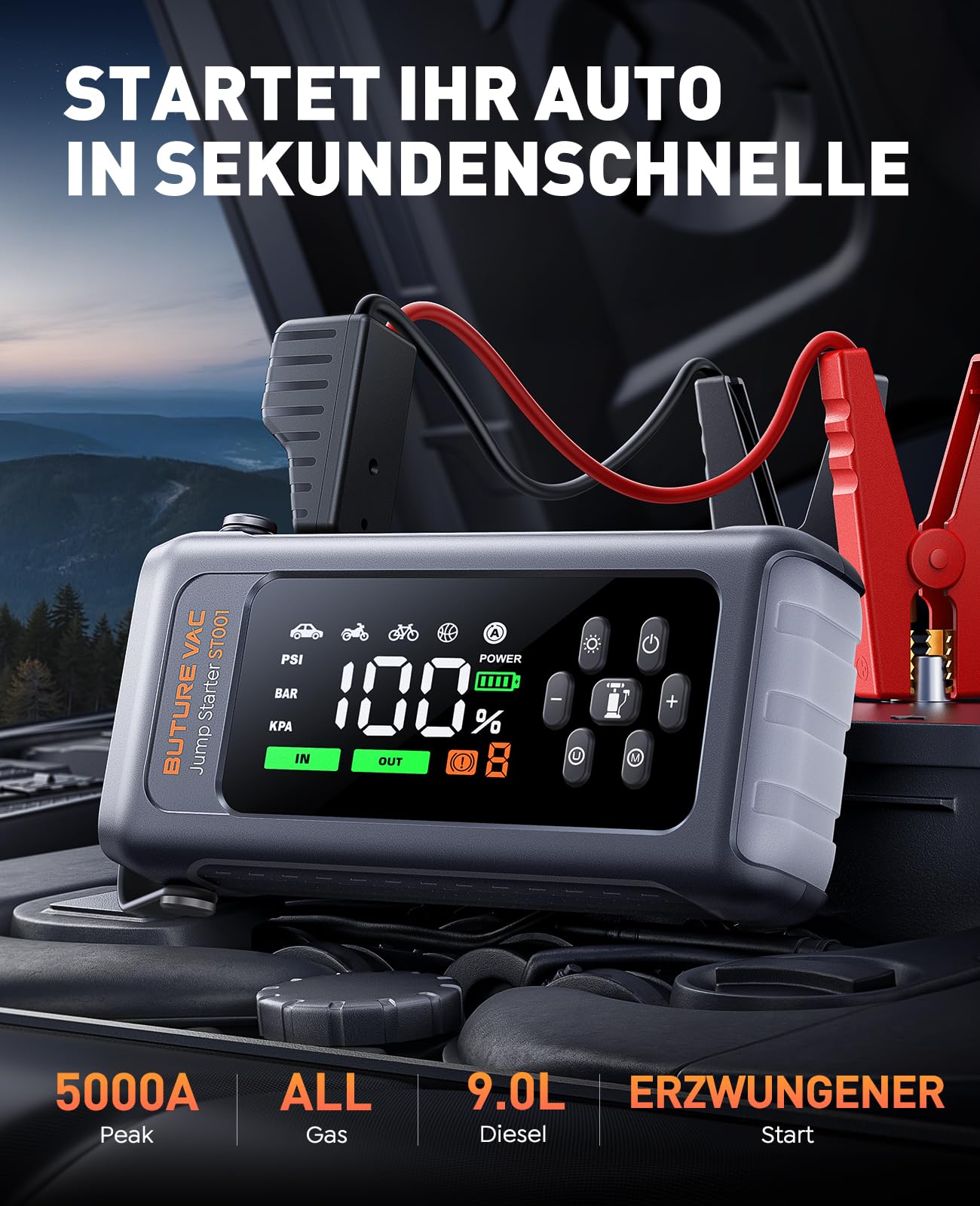 5000A Starthilfe Powerbank mit 150PSI Kompressor, 12V Auto Starthilfe Powerbank für 12 V(Bis zu All Benzin und 9.0L Dieselmotor)，Booster Auto Starthilfe mit Taschenlampe, Zwangsstart, Handschuhe