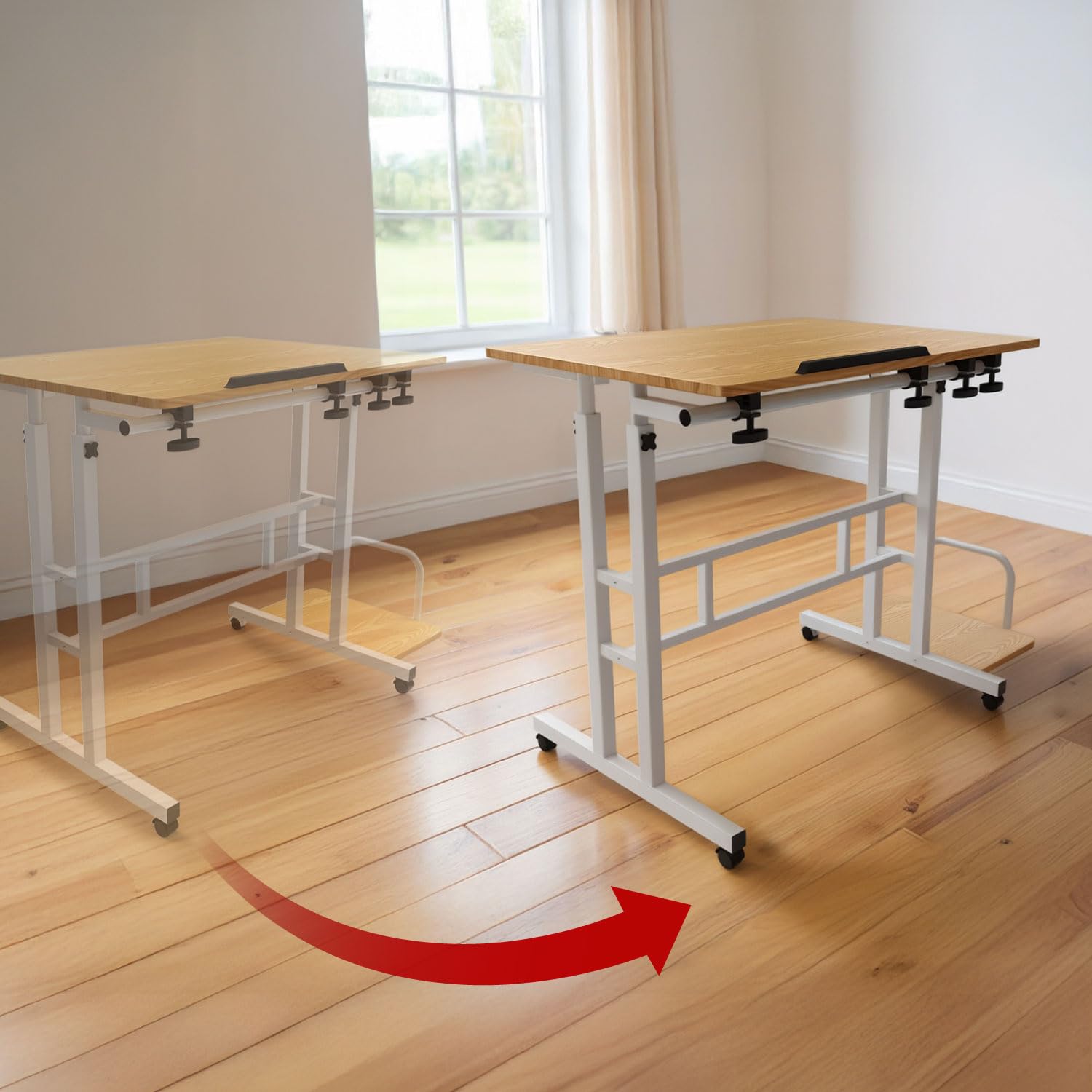 Maclean Regulowane biurko mobilne MC-124 na kółkach, uchylny blat 80x60 cm, regulowana wysokość 67-115 cm, nośność 50 kg, ergonomiczna półka boczna, do domu, biura, studia (Biały)