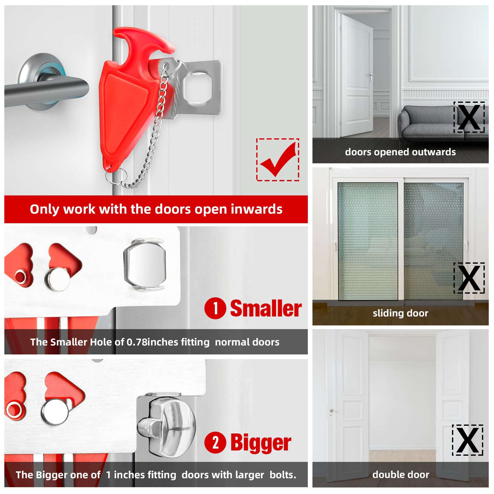 Alarma portátil de tope de puerta y cerradura de puerta de hotel de viaje, no requiere instalación, proporciona doble seguridad para el hogar, hotel y viajes (2 cerraduras de puerta + 3 topes
