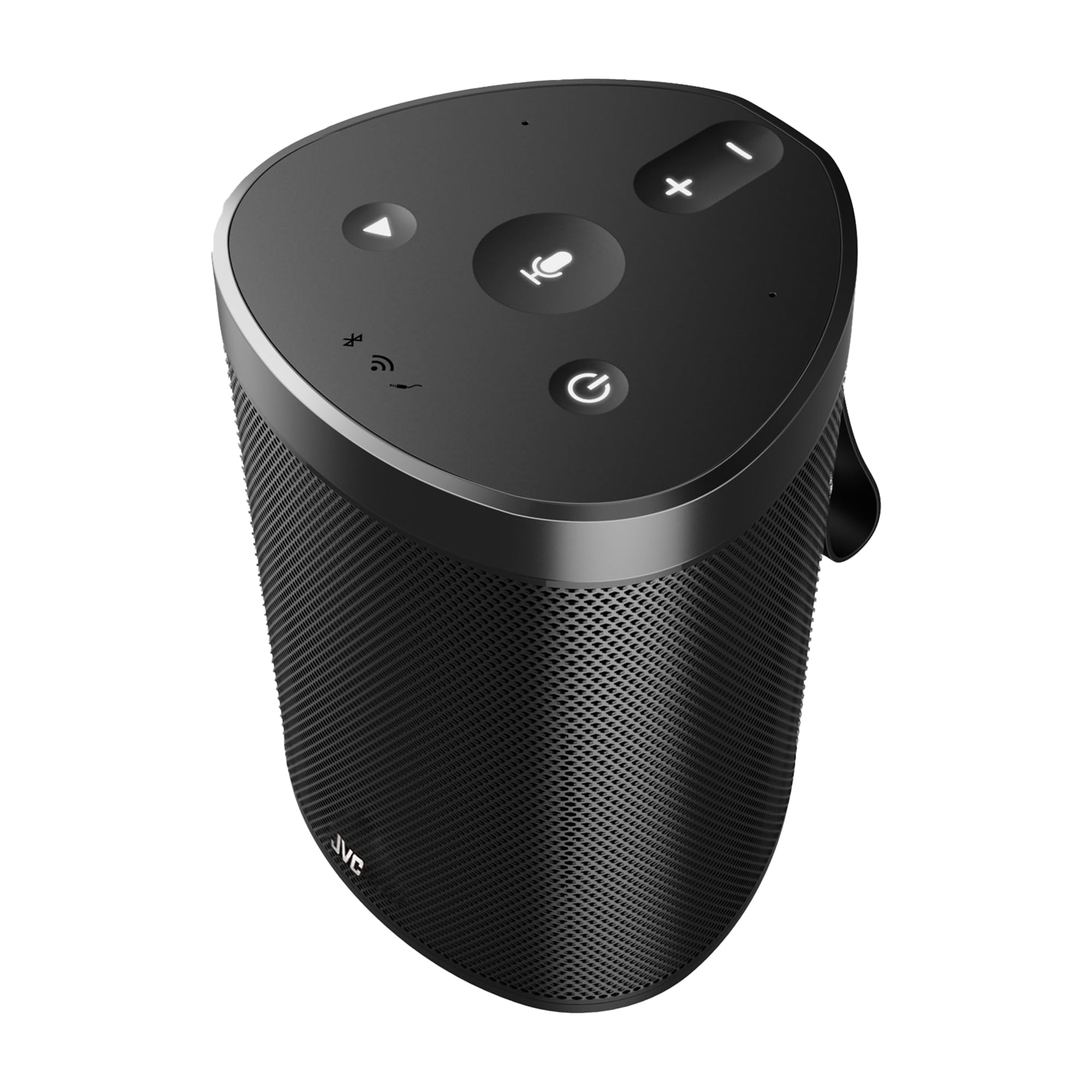 Image showing a woman interacting with the JVC XS-N318B speaker, indicating hands-free Alexa control.