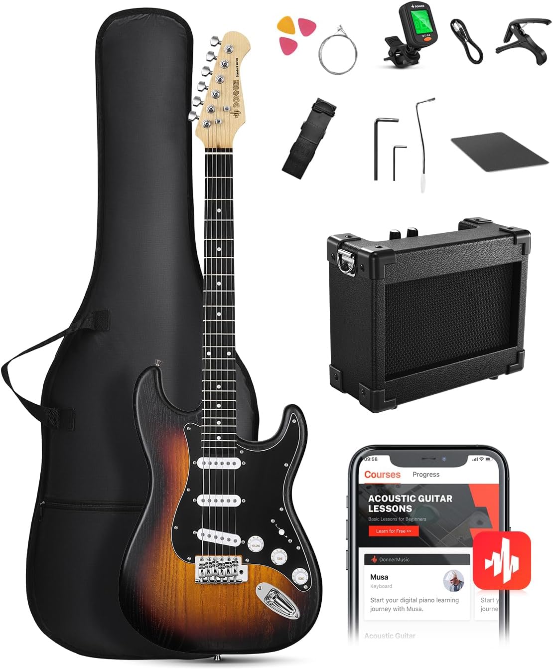 DONNER DST-80 Electric Guitar 39” Beginner Electric Guitar Kit with Amp, Classic SSS Pickup Complete with Gig Bag, Tuner, Capo, Strap, Picks, and Free Online Lessons, Red Tea Burst