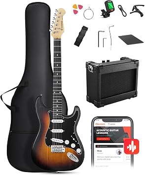 DONNER DST-80 Electric Guitar 39  Beginner Electric Guitar Kit with Amp, Classic SSS Pickup Complete with Gig Bag, Tuner, Capo, Strap, Picks, and Free Online Lessons, Red Tea Burst