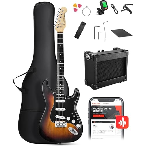 DONNER DST-80 Electric Guitar 39” Beginner Electric Guitar Kit with Amp, Classic SSS Pickup Complete with Gig Bag, Tuner, Capo, Strap, Picks, and Free Online Lessons, Red Tea Burst