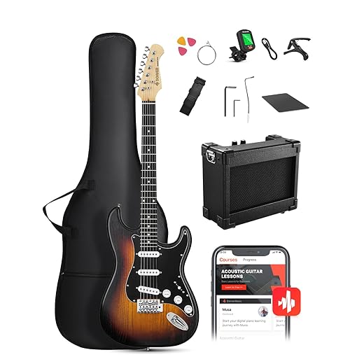 DONNER DST-80 Electric Guitar 39” Beginner Electric Guitar Kit with Amp, Classic SSS Pickup Complete with Gig Bag, Tuner, Capo, Strap, Picks, and Free Online Lessons, Red Tea Burst