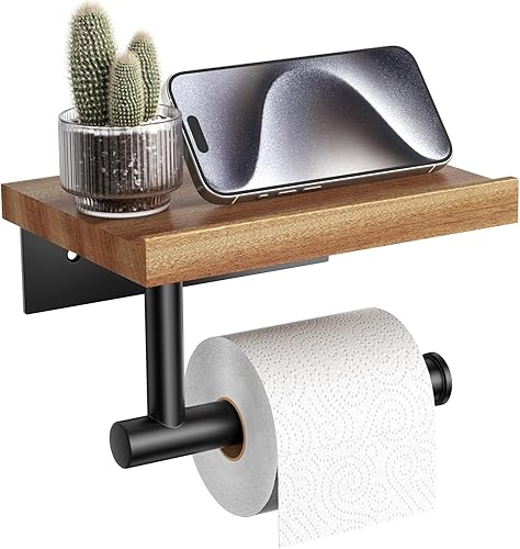Miniatura 11 de Tindbea Soporte de papel higiénico con estante de madera, soporte de rollo de papel de seda de montaje en pared, negro mate, accesorios de baño