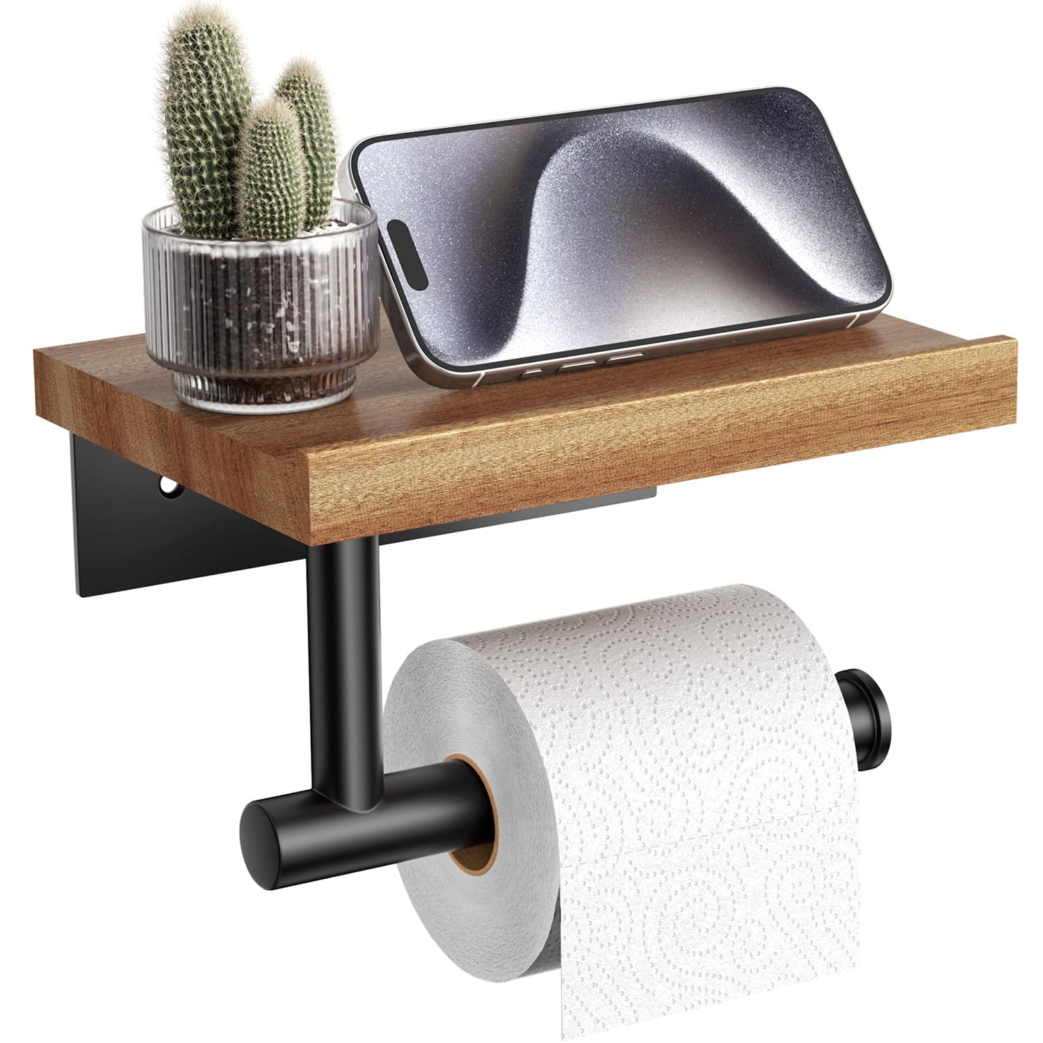 Tindbea Toilet Paper Holder with Wood Shelf, Wooden Wall Mount Tissue Paper Roll Holder, Matte Black Stainless Steel Bathroom Accessories Decor Household Home Apartment Restroom Essentials (Walnut) — Amazon image 10