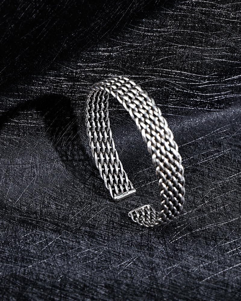 Handmade 925 Sterling Silver Bangle Bracelet for Men, Vintage Weighted Woven Bangle, Solid Silver Jewelry Gift, Adjustable Open Silver Plated Bracelet for Husband Father - Image 3