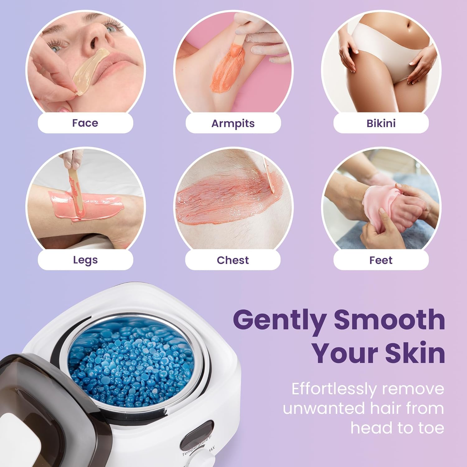 Sunvivi Waxing Kit, Brazilian Wax Warmer for Hair Removal with 5 Bag Hard Wax Beads, Digital Display Melt Warmer Kit for Women Men Full Body, Legs, Face, Bikini,Sensitive skin, White - Image 7