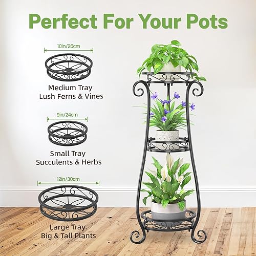 Miniatura 6 de iDavosic.ly Soporte de metal para plantas de 3 niveles para interiores y exteriores, estante alto de hierro forjado, estante vertical resistente de