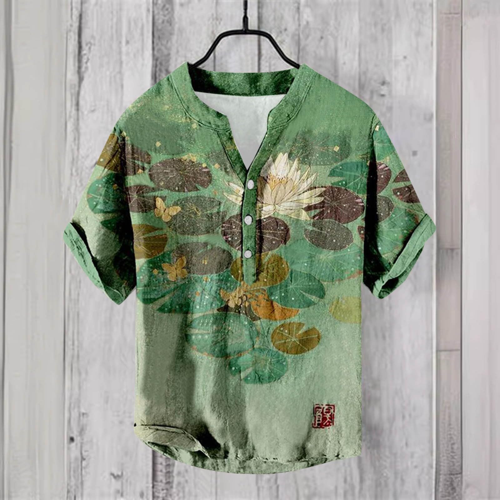 Camicia da uomo a maniche corte hawaiana, con stampa digitale 3D, con fibbia a tasca, da uomo, con scollo a V, a maniche corte, traspirante, per allenamento, business, tempo libero