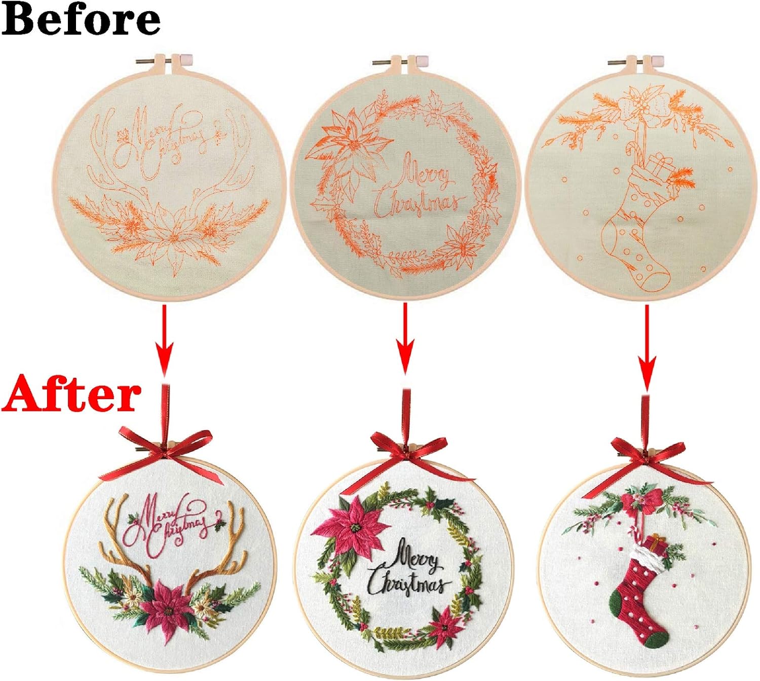 Feltsky 3 Pack Christmas Embroidery Kit - 1 ABS Hoop, 3 Printed Cloth, 3 Threads, 6 Needles, 3 English Instruction - Embroidery Starter Kits for Beginners