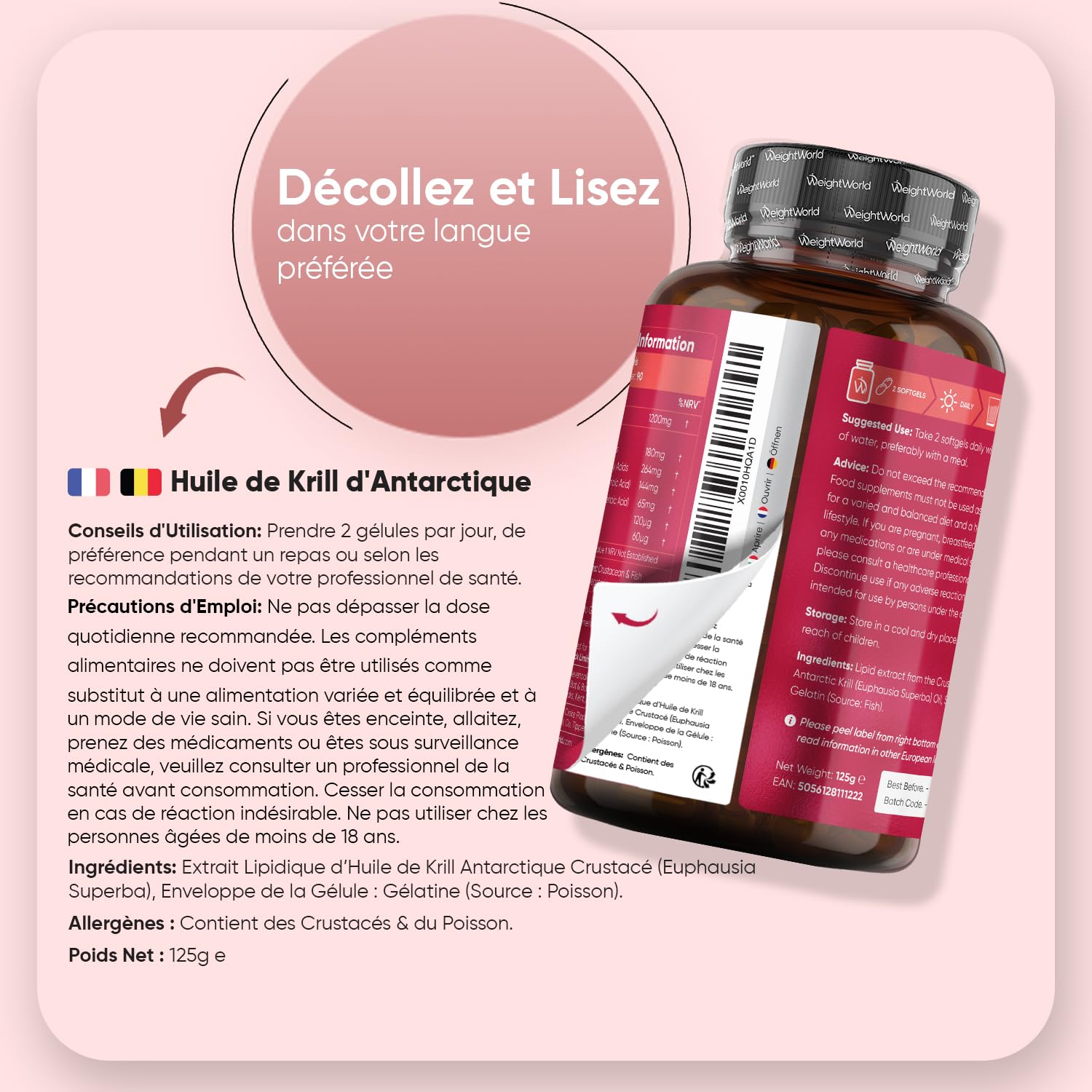 Huile de Krill d'Antarctique 1200mg Oméga 3 DHA EPA - 180 Gélules