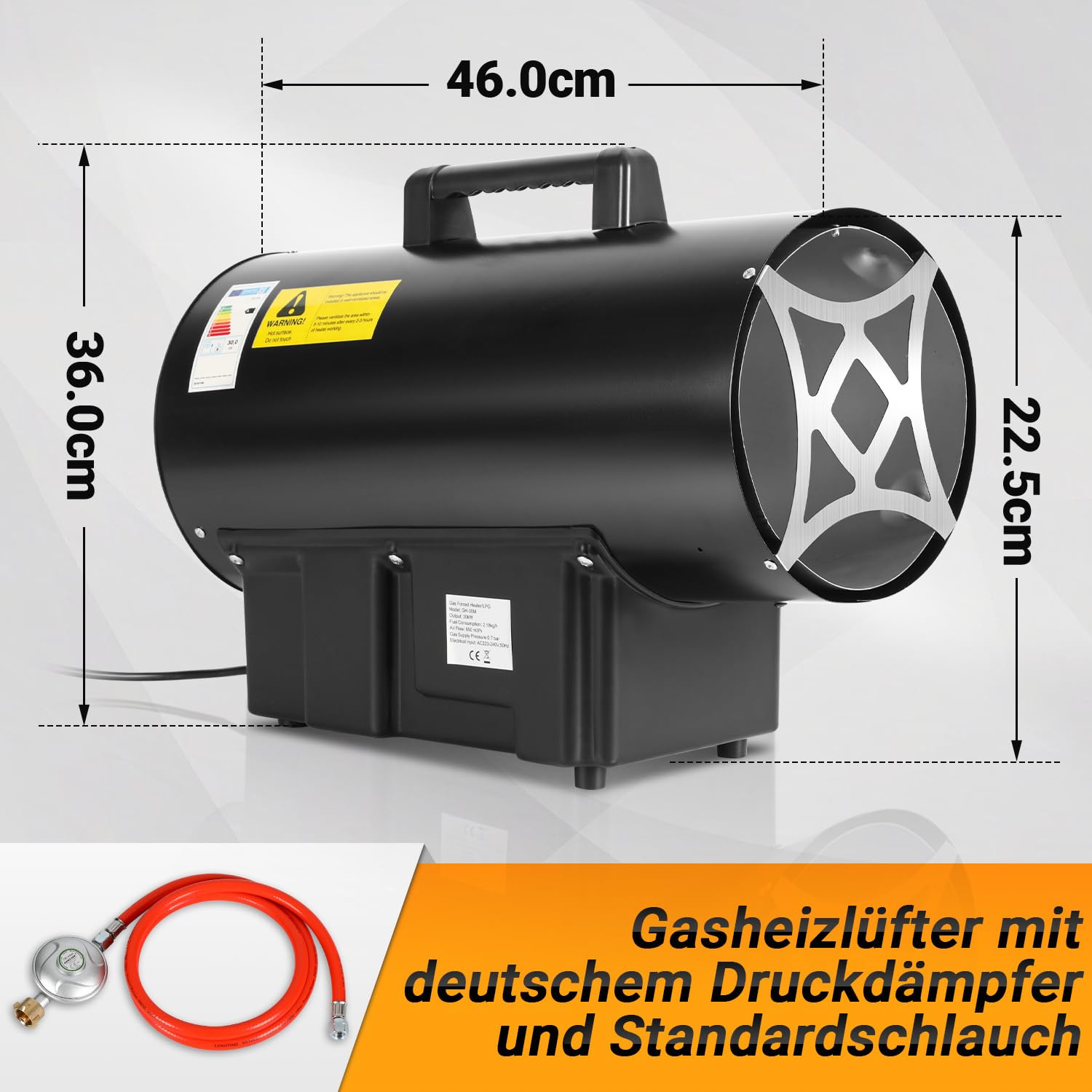 Calefactor de gas de 30 kW con manguera de conexión y regulador de presión de gas de 700 mbar, superficie efectiva: 450 m², para obras, almacenes ventilados, garajes, etc
