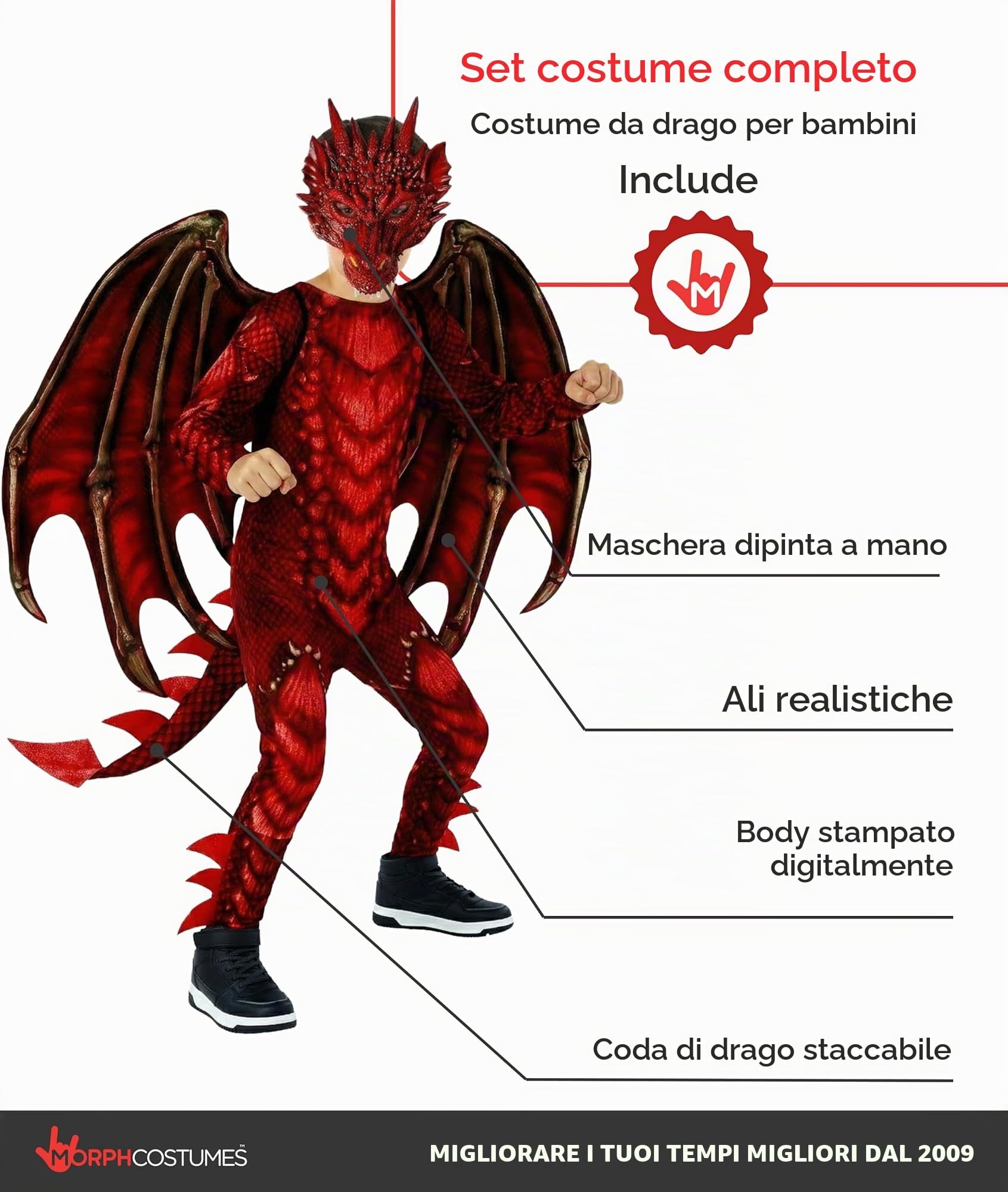 Morph Costume Drago Bambino, Vestito Dragon con Ali e Maschera, Costumi Halloween e Carnevale Bambini
