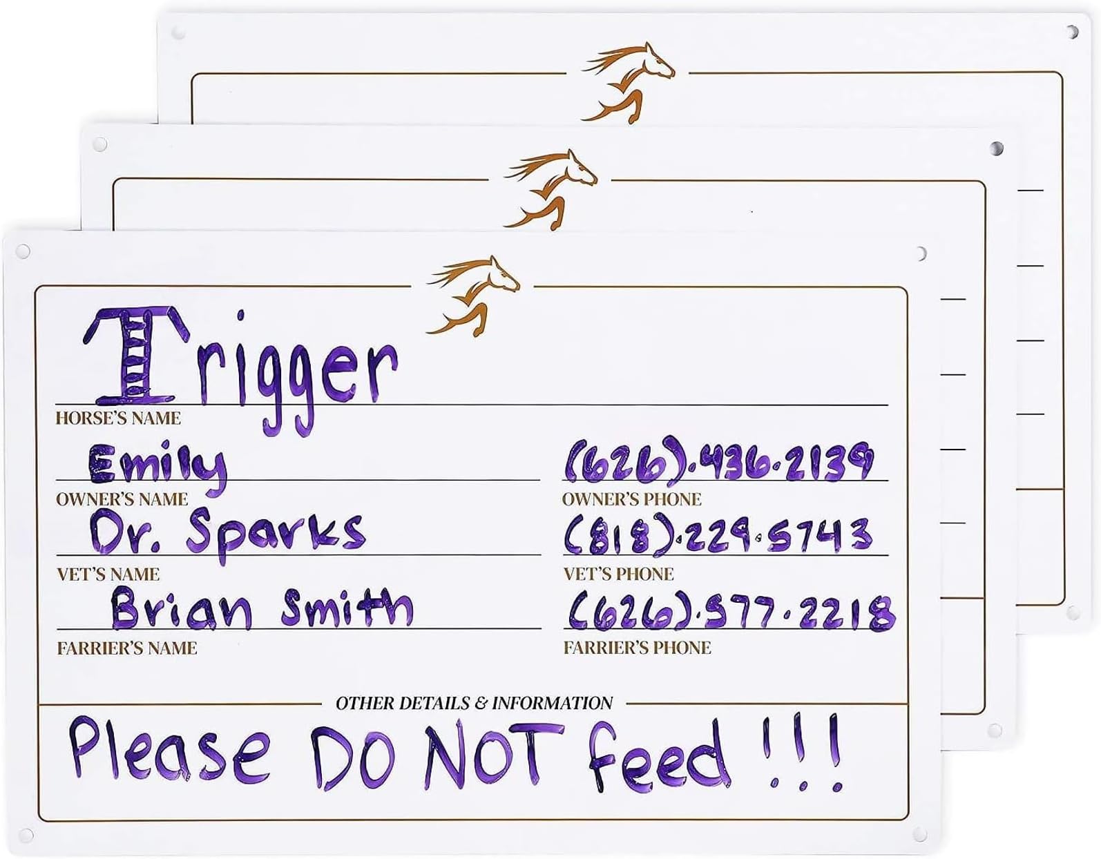 Zodaca Horse Stall Signs - Reusable Dry Erase Name Plates - Adhesive-Back Mounting for Barn & Office Organization - Stall Cards for Quick Info Updates - 12 x 8 in, White, Pack of 3