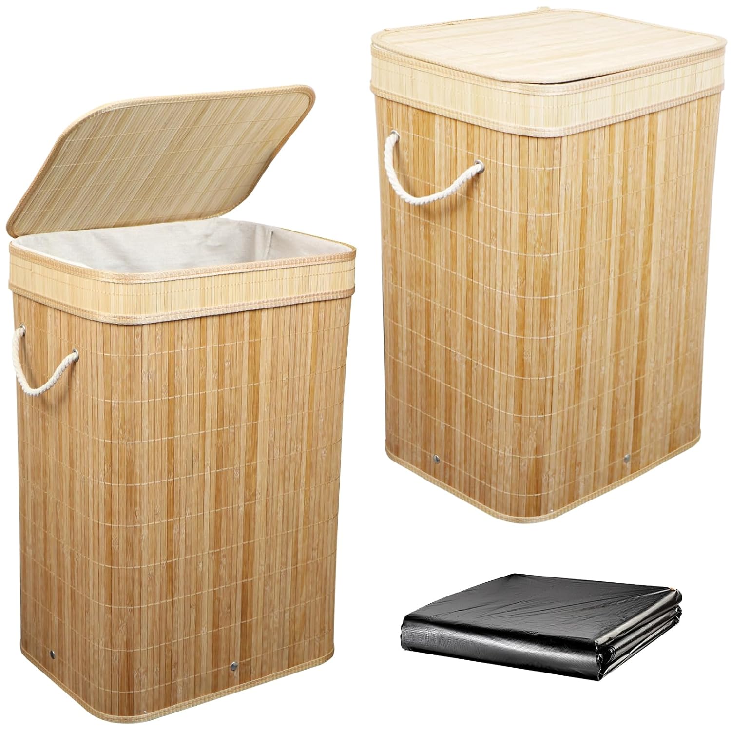 Nalwort 2 Pack 21 Gallon Bamboo Trash Can Slim Rectangular Garbage Can with Lid Foldable Laundry Basket Large