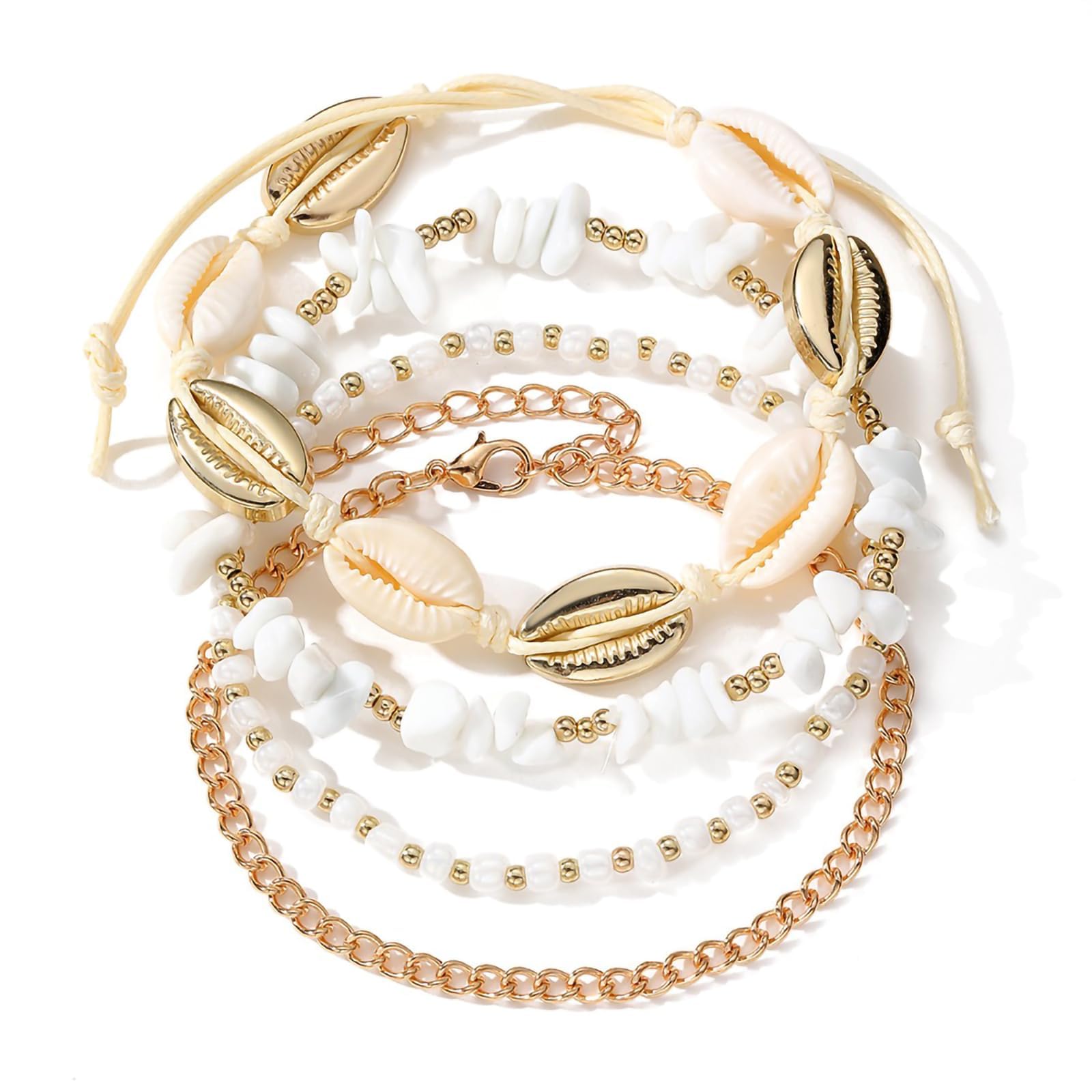 ELECDON Handmade Boho Shell Anklet for Women, Shell Ankle Bracelet Set for Women, Gold Boho Bead Adjustable Anklet, Hawaiian Beach Seashell Pearl Heart Starfish Conch Foot Jewelry Gifts