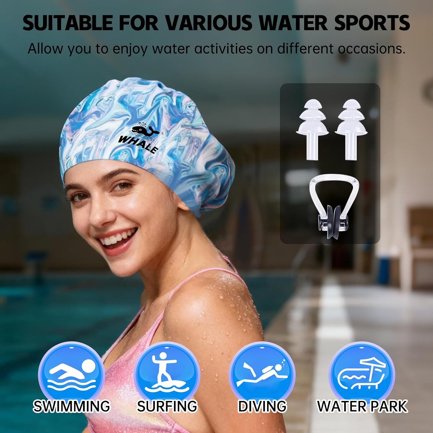 WHALE Extra Large Swim Cap Designed for Men and Women with Thick, Long Hair, Hair Extensions Or Afro-Textured Hair Long-Hair Swim Cap Highly Waterproof to Keep Hair Dry